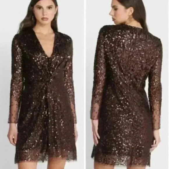 NEW French Connection Brown Long Sleeve Sequin Sheath Dress‎ Women’s Sz 6 NWT - Picture 1 of 12
